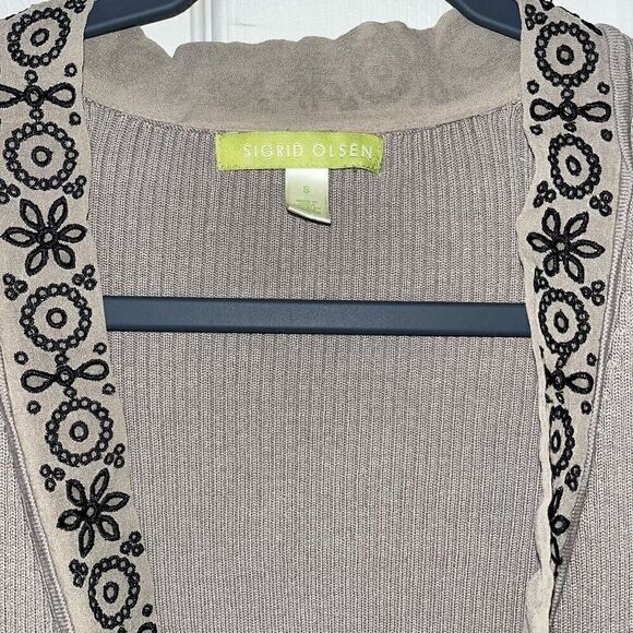 SIGRID OLSEN Cardigan Wmn Size S Silk Cotton Ribbed Embroidered Tie Front Beige - Picture 3 of 10
